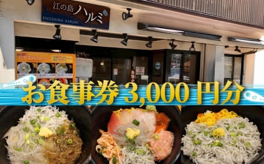 江の島 ハルミ 食事券 3000円 分 江ノ島 お食事券 グルメ券 利用券 商品券 補助券 ギフト券 ギフト チケット 老舗 食堂 お食事 御食事 ランチ 海鮮 丼 御膳 しらす 生しらす シラス 魚 刺し身 焼き魚 旅行 観光 旅行 トラベル 関東 首都圏 有限会社 江の島ハルミ 神奈川 湘南 藤沢 2238159 - 神奈川県藤沢市