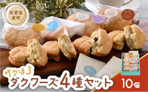  ダクワーズ 10個 4種 食べ比べ セット さくほろ 新食感 能登塩 アールグレイ キャラメル ラムレーズン お土産 手土産 焼き菓子 焼菓子 洋菓子 デザート スイーツ 詰め合わせ ダックワーズ 米粉 バター クリーム 石川県 羽咋 能登 災害復興 復興支援