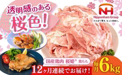 【全12回定期便】桜姫 鶏もも 計6kg （2kg×3パック）《厚真町》【東日本フード株式会社】 桜姫 国産鶏肉 鶏肉 鶏 とり肉 もも もも肉 鶏もも 冷凍 北海道 [AXBM040]