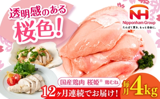 【全12回定期便】桜姫 鶏むね 計4kg（2kg×2パック）《厚真町》【東日本フード株式会社】 桜姫 国産鶏肉 鶏肉 鶏 とり肉 ムネ むね肉 鶏むね 冷凍 北海道 [AXBM012]