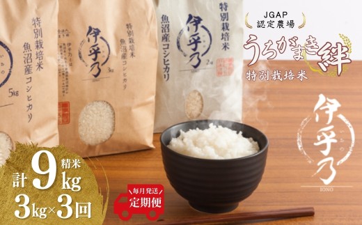 [JGAP認証農場]令和7年産 魚沼産コシヒカリ 特別栽培米「伊乎乃」 精米計9kg(3kg×1袋) 定期便毎月全3回 うちがまき絆[0002-UK10DB00-01]