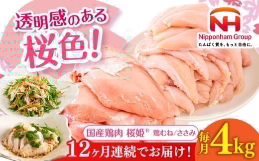 【全12回定期便】桜姫ヘルシーセット 計4kg（鶏むね・ささみ 各2kg）《厚真町》【東日本フード株式会社】 桜姫 国産鶏肉 鶏肉 鶏 むね肉 ムネ ささみ ささみ肉 冷凍 北海道 [AXBM061]