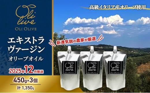 高級イタリア産 エキストラ・ヴァージン・オリーブオイル 450g×3個【2025年12月中旬より順次発送】調味料 油 オリーブ油 食用油 静岡県 袋井市