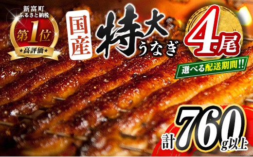 ＜2025年12月お届け＞特大 うなぎ 鰻楽 国産 蒲焼 4尾 人気 無頭 計760g以上 高評価 おすすめ 冷凍 簡単調理 個包装 鰻 魚介 贈答品 ギフト 贈り物【C388-760-2512】