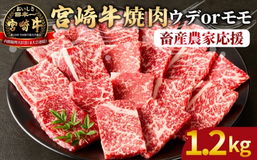 【畜産農家応援】＜宮崎牛 赤身焼肉 2パック（1.2kg）＞2025年12月に順次出荷【 国産 黒毛和牛 牛肉 牛 精肉 スライス 赤身スライス ウデ肉 モモ肉 4等級以上 ブランド牛 赤身 旨味 贈答品 ギフト 贈り物 プレゼント 化粧箱 グルメ ミヤチク 宮崎県 国富町 】
