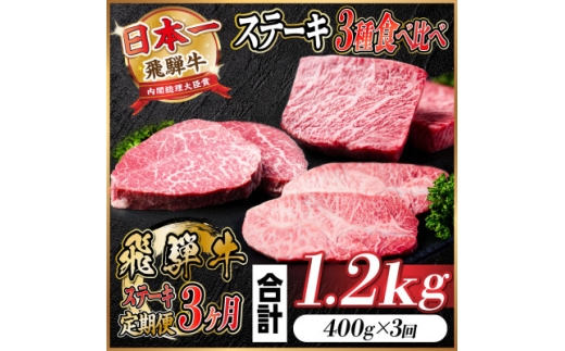 ＜毎月定期便＞飛騨牛 ステーキ定期便 計約1.2kg＜冷蔵便＞全3回　A4～A5等級【4055330】