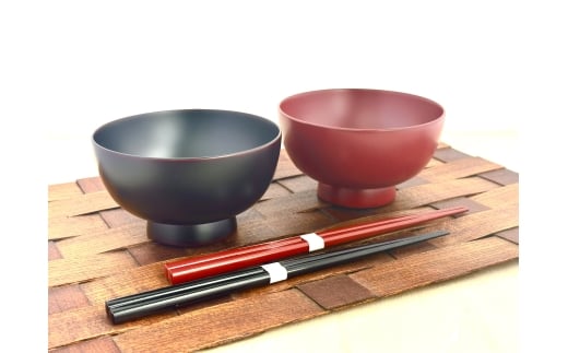 川連漆器 箸付夫婦たっぷり椀（銀朱・銀溜）紙箱入【(株)佐藤商事】[H5504]