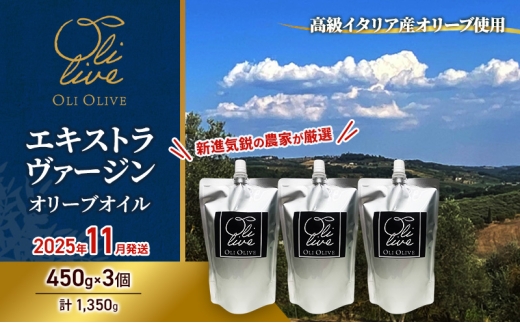 高級イタリア産 エキストラ・ヴァージン・オリーブオイル 450g×3個【2025年11月中旬より順次発送】調味料 油 オリーブ油 食用油 静岡県 袋井市