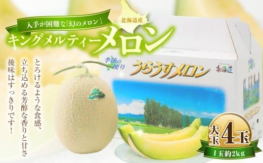 キングメルティーメロン 大玉 4玉(1玉 約2kg) [2026年7月上旬〜7月下旬迄順次発送予定] 果物 フルーツ メロン めろん 青肉 希少フルーツ 希少品 北海道 浦臼町