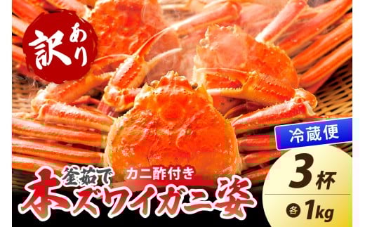 【大好評！カニ酢付き】訳あり！釜茹で！特大本ずわいがに姿 1kg×3杯　YK00486