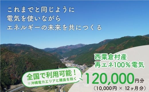 電気料金 （10,000円✕12ヶ月分） 百森でんき CO2フリー 地域電力 お礼の電力 電気代 脱炭素 ゼロカーボン 岡山県 西粟倉村 【まずは寄付のお申し込みを！】e-vv-A07D