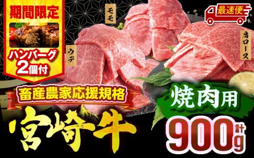 【最速便(10日以内に発送)】【期間・数量限定】畜産農家応援！宮崎牛 焼肉3種セット(肩ロース・ウデ・モモ 各300g)・国産牛ハンバーグ100g×2個_M132-093-B2-10d