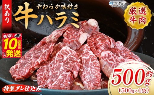 ＜秘伝の特製タレ仕込み！やわらか味付き 牛ハラミ 約500g（500g×1）＞ 訳あり はらみ ハラミ 赤身 大容量 牛肉 お肉 焼肉 BBQ 味付き タレ漬け 甘辛 レシピ 丼 献立 惣菜 おかず 簡単 グルメ 株式会社丸和 愛媛県 西予市【冷凍】『最短10営業日以内に順次出荷』 2244546 - 愛媛県西予市
