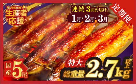 先行予約≪連続定期便全3回≫1月・2月・3月お届け!!生産者応援!!【数量限定特別規格】うなぎ蒲焼5尾(総重量2.7kg以上) 鰻 魚 魚介 加工品 国産_T026-0056
