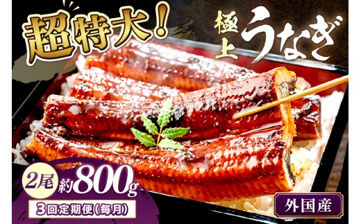 【定期便 毎月×3回】超特大！ふっくら肉厚！うなぎ蒲焼 2尾 合計800g前後　YK00482