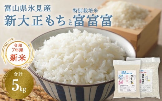 〈令和7年産〉 富山県氷見産 新大正もち（3kg）と特別栽培米富富富（2kg）のセット ＜2025年10月中旬以降順次発送＞  | お米 白米 精米 氷見 富山 米 国産 特別栽培 エコファーマー 数量限定 富富富 ふふふ 人気 お取り寄せ 減農薬 減化学肥料 安心 安全 環境にやさしい 農家直送 餅 米 もち米 おこわ 新大正糯 希少 品種