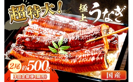 【定期便 隔月×3回】超特大！極上！国産うなぎ蒲焼 2尾 合計500g前後　YK00479