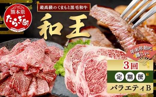 【定期便3回】くまもと 黒毛和牛 (和王) 年末年始 に嬉しい バラエティ 定期便B【12月/1月/2月 配送】 ブランド牛 定期便 肉 サーロイン ロース ステーキ 焼肉 焼き肉 やきにく 牛肉 お肉 定期便 年末 年始 プレミアム品質 122-0606