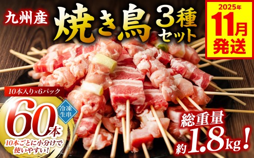 九州産 焼き鳥 セット 60本 やきとり BBQ 惣菜 小分け ボリューム バラエティー 国産 簡単 調理 おつまみ 詰め合わせ 冷凍 【2025年11月発送】