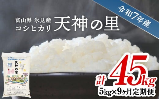 【特別栽培米】 〈9ヶ月定期便〉 令和7年産 富山県産 特別栽培米 コシヒカリ 天神の里５kg　|　お米 白米 精米 氷見 富山 米 国産 定期便 9ヶ月 毎月 45kg 特別栽培 エコファーマー 数量限定 コシヒカリ こしひかり 特別栽培米 安心 環境にやさしい