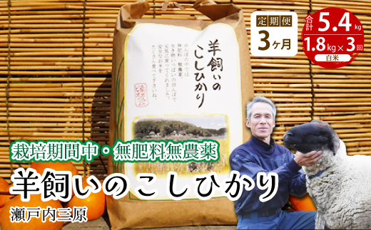 【3か月定期便】《栽培期間中・無肥料無農薬》瀬戸内三原 羊飼いのこしひかり 白米 1.8kg×3回 2025年9月上旬発送予定 瀬戸内ビオファーム お米 こめ ご飯 002031 1992724 - 広島県三原市