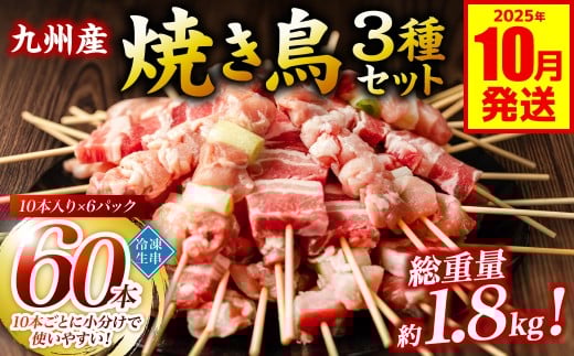 九州産 焼き鳥 セット 60本 やきとり BBQ 惣菜 小分け ボリューム バラエティー 国産 簡単 調理 おつまみ 詰め合わせ 冷凍 [2025年10月発送]
