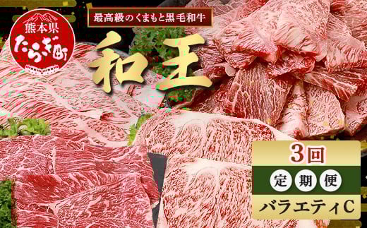 【定期便3回】くまもと 黒毛和牛 (和王) バラエティ 定期便C ブランド牛 定期便 肉 サーロイン ロース ステーキ 焼肉 焼き肉 やきにく 牛肉 お肉 定期便 年末 年始 プレミアム品質 122-0607
