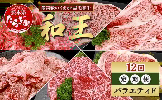 【定期便12回】くまもと 黒毛和牛 (和王) バラエティ 定期便F【合計9.58kg】 ブランド牛 定期便 肉 サーロイン ロース ステーキ モモ すき焼き しゃぶしゃぶ スキヤキ 焼肉 焼き肉 やきにく 牛肉 お肉 1年 12か月 定期便 プレミアム品質 122-0610