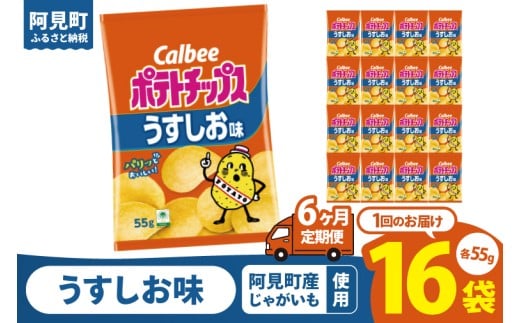 【6回定期便】カルビー ポテトチップスうすしお味 （55g） 16個｜Calbee お菓子 菓子 おやつ おかし ぽてち ポテチ スナック おつまみ ジャガイモ じゃがいも（93-03）