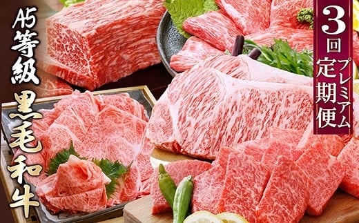 プレミアム　A5等級黒毛和牛定期便(3回配送) FF-0055_ 定期便 牛肉 肉 お肉 ロース モモ スライス ステーキ 焼肉 やきにくしゃぶしゃぶ すきやき すき焼き 霜降り 【1166766】