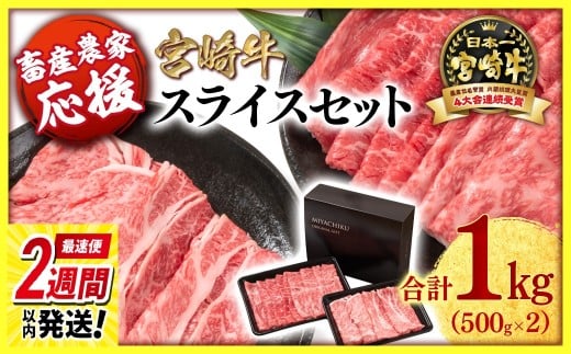 【最速便】【畜産農家応援】宮崎牛肩ロース＆モモすき焼き1kg  （500g ×2）牛肉 4等級以上 スライス 鉄板焼肉 ブランド牛 ミヤチク 内閣総理大臣賞4連覇 ＜1.8-20＞すき焼肉 すき焼き肉 
