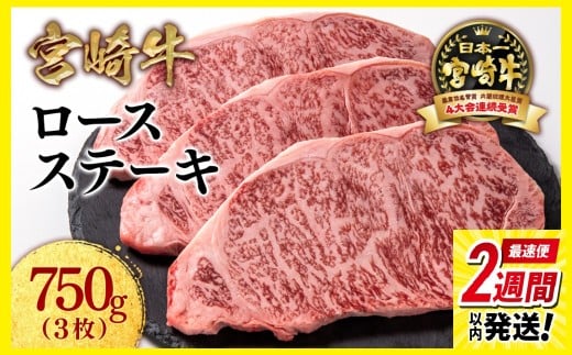 【最速便】宮崎牛ロースステーキ3枚 （250g×3枚）牛肉 ステーキ 高級部位 ブランド牛 ミヤチク 内閣総理大臣賞4連覇＜2.5-7＞