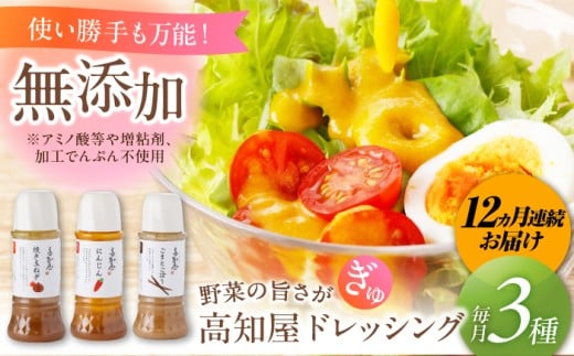【12回定期便】素材力 高知屋 無添加ドレッシング3本セット (人参、焼き玉ねぎ、ごまとごぼう) 【株式会社 四国健商】 [ATAF127] 国産 野菜 ドレッシング 万能ドレッシング 調味料 料理 タレ 和風 洋風 万能調味料