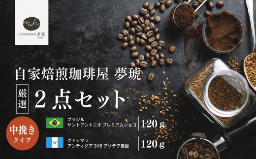 No.1020 府中から世界に発信できる店を[自家焙煎珈琲屋 夢琥]中挽豆2点セット / コーヒー豆 ブラジル グアテマラ 高品質 フレーバー感 後味の甘さ 広島県