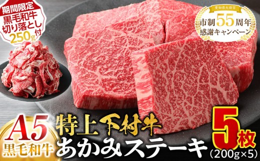 【期間限定】大府特産A5黒毛和牛下村牛特上あかみステーキ　5枚1.0kg入り ＋ 切り落とし250ｇ付き 2254590 - 愛知県大府市