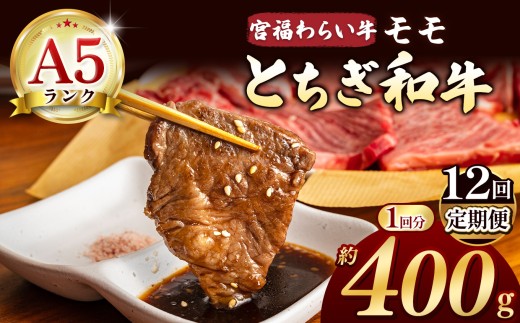 【栃木県共通返礼品】【定期便12回】宮福笑牛（とちぎ和牛） A5 モモ焼き肉 約400g | 定期便 和牛 A5ランク モモ肉 焼肉 弾力 しっかり 美味しい 高級 ご褒美 肉 お肉 おにく にく ふるさと 納税 送料無料 那珂川町 栃木県 2261031 - 栃木県那珂川町
