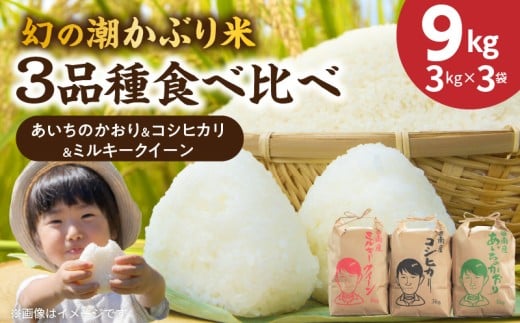 （予約受付）〈数量限定〉【幻の潮かぶり米】令和7年産新米 あいちのかおり&コシヒカリ＆ミルキークイーン 3品種 食べ比べ 9kg（3kg×3袋） 令和７年度産 新米 米 コメ 新米 あいち 愛知 かおり コシヒカリ こしひかり  ミルキー 予約 先行予約 数量限定 H073-010