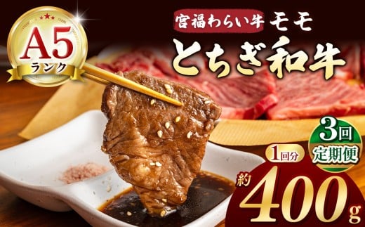 【栃木県共通返礼品】【定期便3回】宮福笑牛（とちぎ和牛） A5 モモ焼き肉 約400g | 定期便 和牛 A5ランク モモ肉 焼肉 弾力 しっかり 美味しい 高級 ご褒美 肉 お肉 おにく にく ふるさと 納税 送料無料 那珂川町 栃木県 2261029 - 栃木県那珂川町
