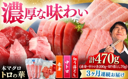 [全3回定期便]対馬産 本マグロ 470g(赤身200g、中トロ200g、切り落とし70g) ≪対馬市≫[桐谷商店] トロの華 対馬 新鮮 マグロ 赤身 トロ 切り落とし 鮪 刺身 