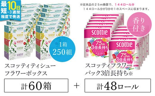 【ボックスティッシュ60箱＋トイレットロール48ロール セット】スコッティ ティシュー フラワーボックス 250組60箱 (1ケース5箱×12パック) と スコッティ フラワーパック3倍長持ち（ダブル）48ロール（4ロール×12パック）/ 日用品 ティッシュ トイレットペーパー セット 消耗品 備蓄 防災 大容量 大人気 おすすめ 肌触り 日本製 たっぷり 国産 クレシア まとめ買い ストック 1425876 - 京都府福知山市