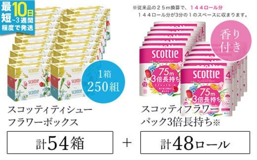 【ボックスティッシュ54箱＋トイレットロール48ロール セット】スコッティ ティシュー フラワーボックス 250組 54箱 (1ケース3箱×18パック) と  スコッティ フラワーパック 3倍長持ち 48ロール （4ロール×12パック）/ 日用品 ティッシュ トイレットペーパー セット 消耗品 備蓄 防災 大容量 大人気 おすすめ 肌触り 日本製 たっぷり 国産 クレシア まとめ買い ストック 1425877 - 京都府福知山市