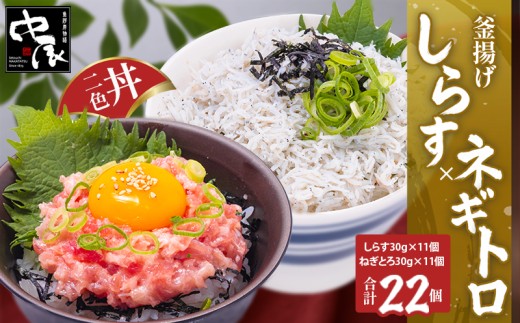 釜揚げしらすとネギトロ二色丼セット(しらす30g×11・ネギトロ30g×11／計22パック) | 冷凍 小分け 釜揚しらす 魚 常備品 しらす丼 しらすパスタ しらすチャーハン 炒飯 しらす干し 海鮮丼 ねぎとろ まぐろ ねぎとろ丼 おつまみ たんぱく質 愛媛県 松山市 2257992 - 愛媛県松山市