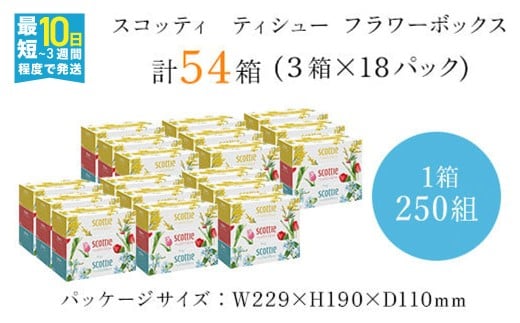 スコッティ ティシュー フラワーボックス 250組 54箱 (1ケース3箱×18パック)  ボックスティッシュ 54箱 ティッシュ ティシュー 長持ち 大容量 リピート 高品質 素敵 保管 クレシア ティッシュペーパー 紙 日用品 消耗品 生活必需品 まとめ買い ふるさと納税 箱ティッシュ 家庭用 防災 常備品 ストック 京都府 福知山市