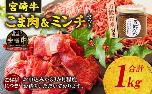 宮崎牛 こま肉・ミンチセット1kg 万能だれ付き | 牛肉 お肉 肉 宮崎牛小間切れ 小間切れ肉 こま肉 牛こま ミンチ 牛ミンチ ミンチ肉 精肉 たれ セット 炒め物 お弁当 普段使い 使い勝手 冷凍 和牛 国産牛 宮崎県産 お取り寄せ 高千穂町 |_Tk024-012