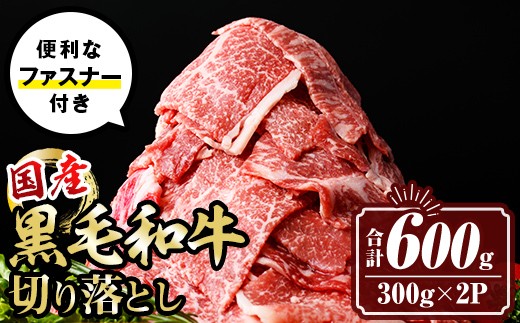 isa694 黒毛和牛切り落とし (合計600g・300g×2P) 国産 真空包装 真空パック ファスナー 小分け 切落とし 牛 うし 牛肉 アウトドア BBQ 冷凍 【サンキョーミート株式会社】
