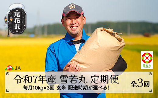 新米 米 毎月定期便 10kg×3回 雪若丸 玄米 令和7年産 2025年産 山形県尾花沢市産 送料無料 12月下旬発送開始 ja-ywgxa10_tm-12s