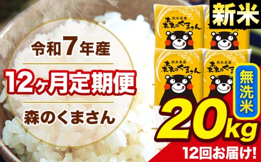新米 令和7年産 森のくまさん 無洗米 20kg 5kg×4袋 計12回お届け 《お申し込み月の翌月から出荷開始》 お米 こめ 熊本県産 ご飯 備蓄