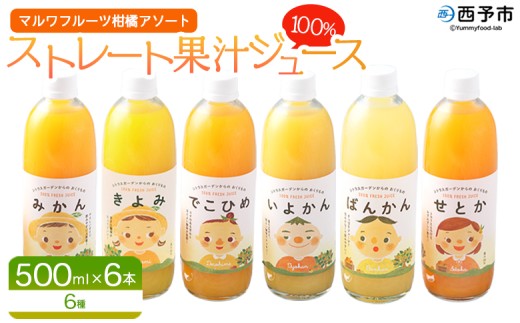＜マルワフルーツ柑橘アソート 100％ストレート果汁ジュース 500ml×6本＞ 詰め合わせ セット スイーツ 果物 フルーツ みかん オレンジ 柑橘 清見 でこひめ 河内晩柑 伊予柑 せとか 特産品 愛媛県 西予市【常温】『1か月以内に順次出荷予定』 2260558 - 愛媛県西予市