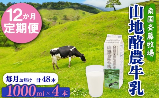 【12か月定期便】山地酪農牛乳1L×4本 | バターができる 低温殺菌 生乳100％ 成分無調整牛乳 ノンホモジナイズ製法 お菓子作り ぎゅうにゅう ミルク 南国斉藤牧場 高知県 南国市