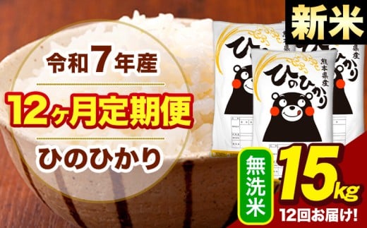 新米 令和7年産 【12ヶ月定期便】  無洗米 米 ひのひかり 15kg《お申し込み月の翌月から出荷開始》熊本県 大津町 国産 熊本県産 無洗米 送料無料 ヒノヒカリ こめ お米 
